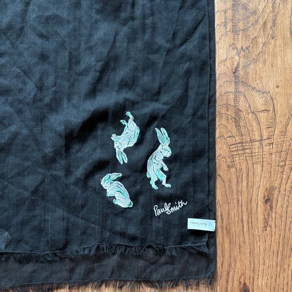 Paul Smith Black Scarf with Green Embroidered Hares
